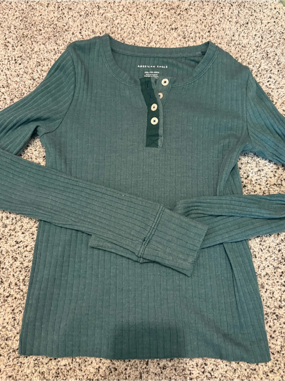 American Eagle Teal Ribbed Henley Top
